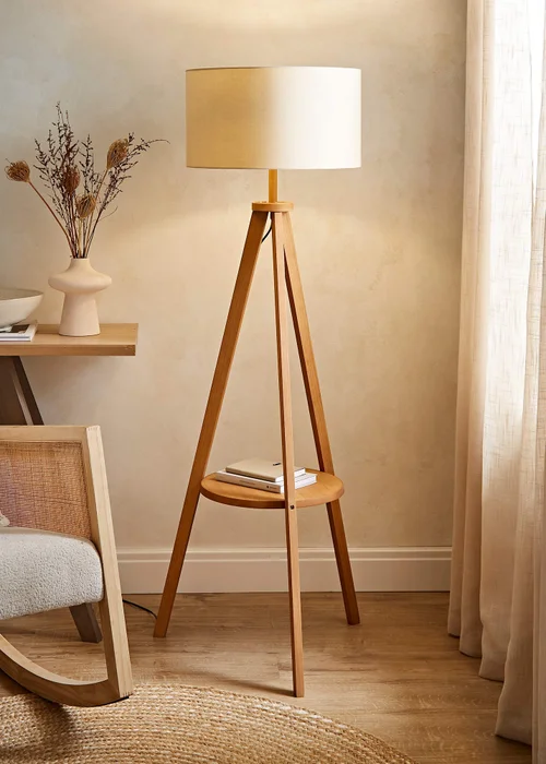 ValueLights Morrigan Shelf Floor Lamp Mid Wood with Cream Drum Shade - One Size Image 1