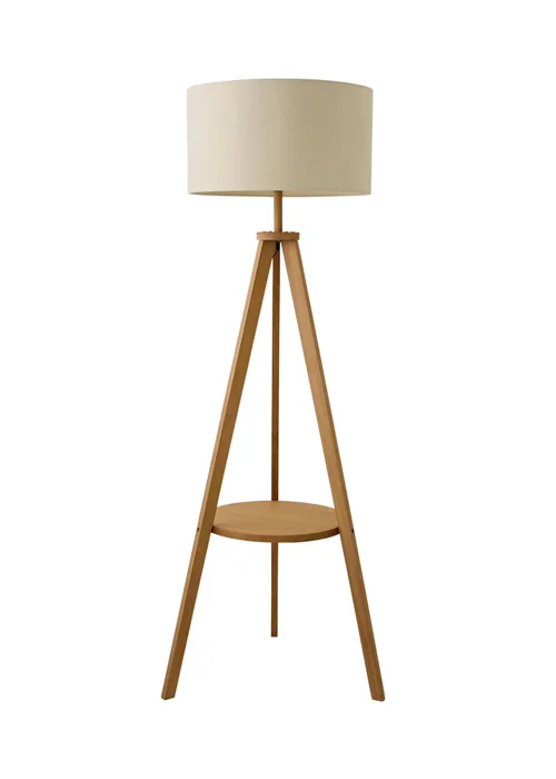 ValueLights Morrigan Shelf Floor Lamp Mid Wood with Cream Drum Shade - One Size Image 5
