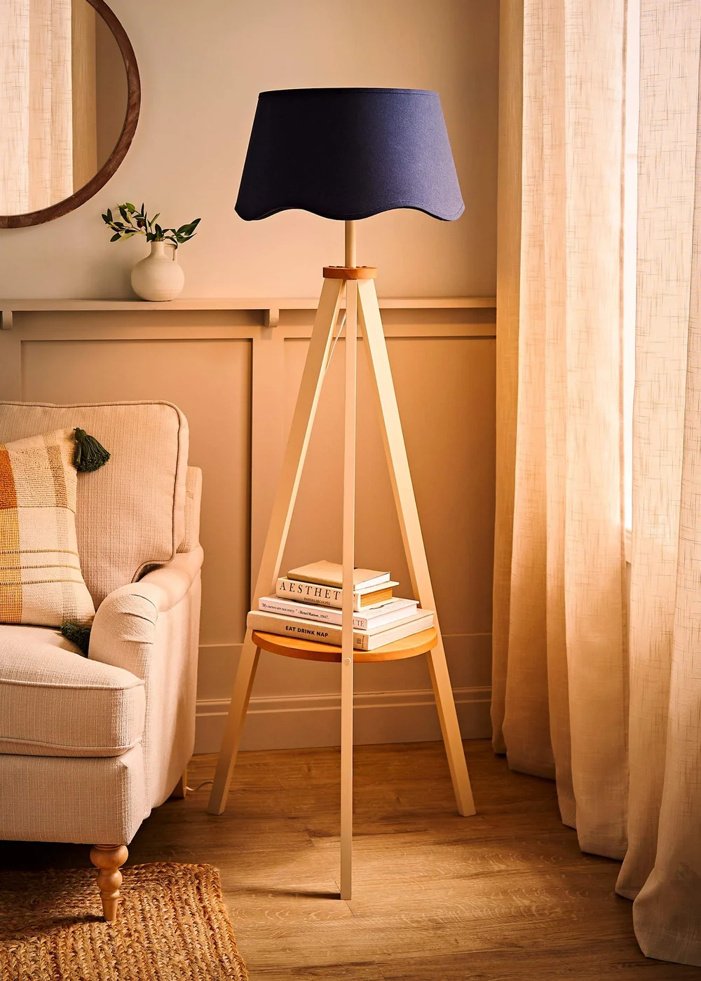 ValueLights Morrigan Shelf Floor Lamp Painted Cream with Navy Scalloped Linen Shade - One Size Image 1