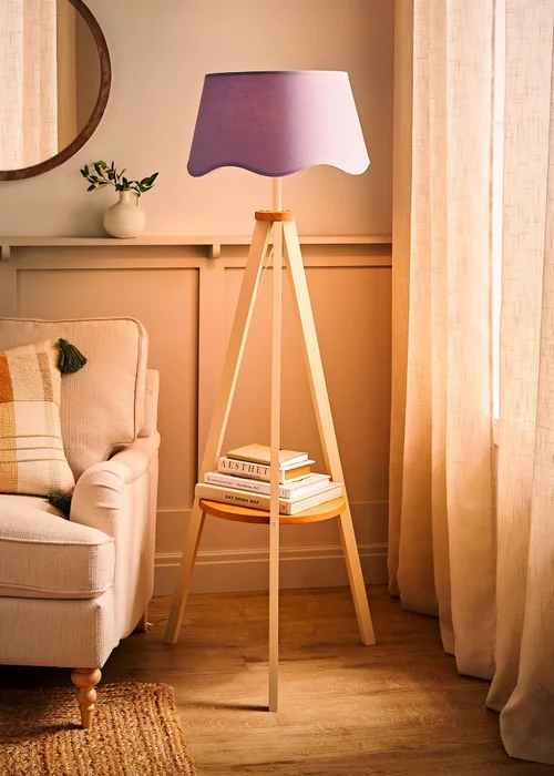 ValueLights Morrigan Shelf Floor Lamp Painted Cream with Lilac Scalloped Linen Shade - One Size Image 1