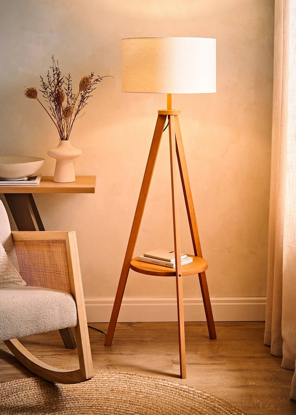 ValueLights Morrigan Shelf Floor Lamp Mid Wood with Linen White Trim Shade - One Size Image 2