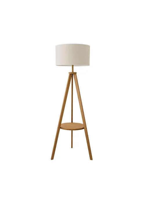 ValueLights Morrigan Shelf Floor Lamp Mid Wood with Linen White Trim Shade - One Size Image 3
