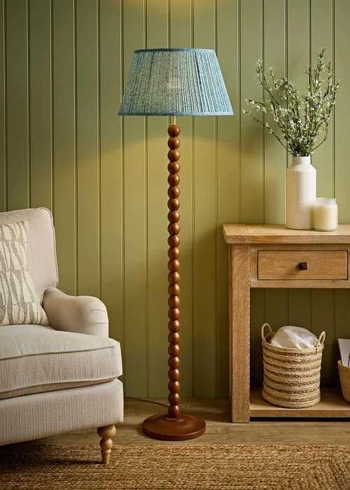 ValueLights Bobble Walnut Floor Lamp with Blue Leaf Pleated Shade - One Size Image 1