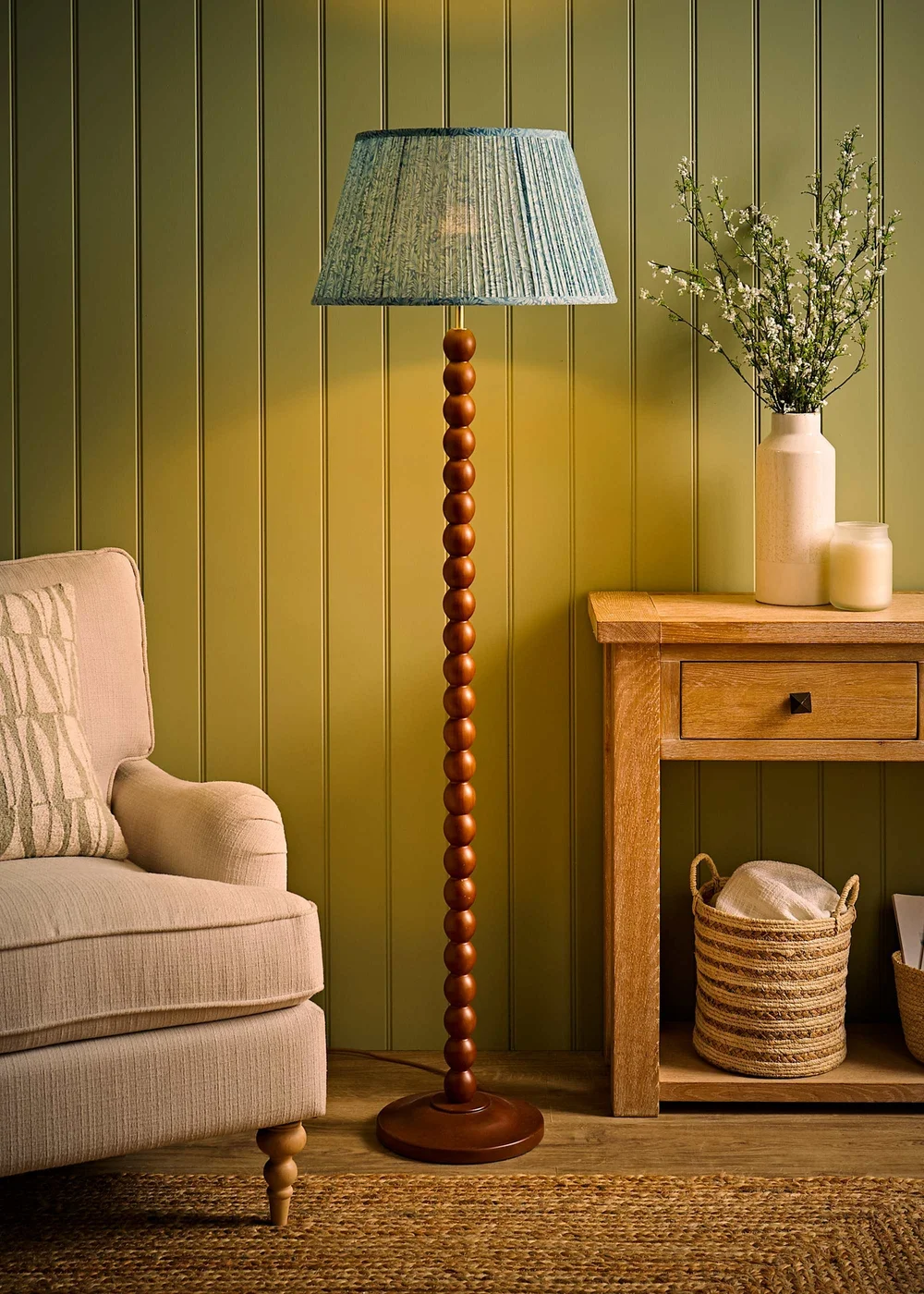 ValueLights Bobble Walnut Floor Lamp with Blue Leaf Pleated Shade - One Size Image 2