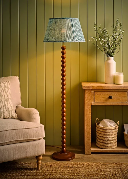 ValueLights Bobble Walnut Floor Lamp with Blue Leaf Pleated Shade - One Size Image 2