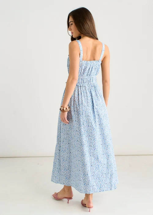 Gini London Blue Ditsy Floral Shirred Bodice Midi Dress - 8 Image 2