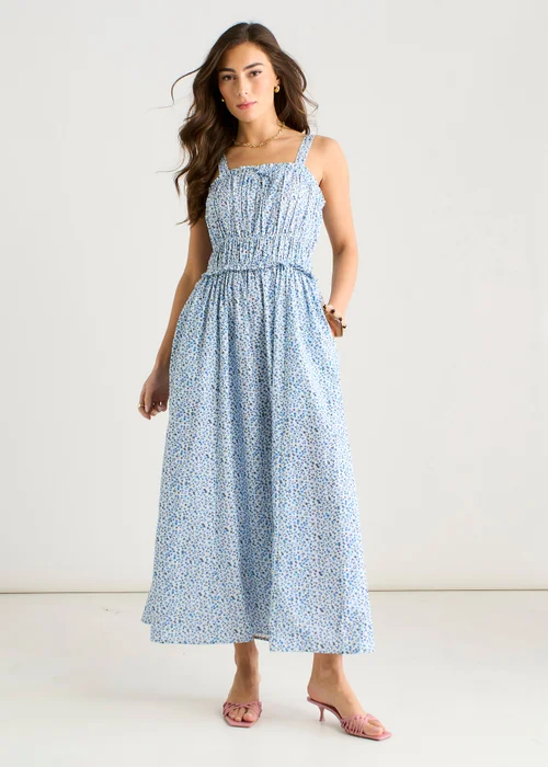 Gini London Blue Ditsy Floral Shirred Bodice Midi Dress - 8 Image 1
