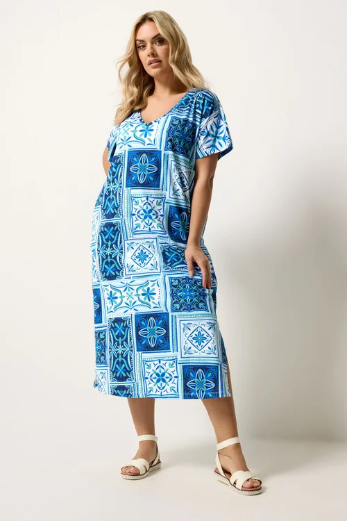 Yours Curve Blue Tile Print Midi Dress - 18 Image 2