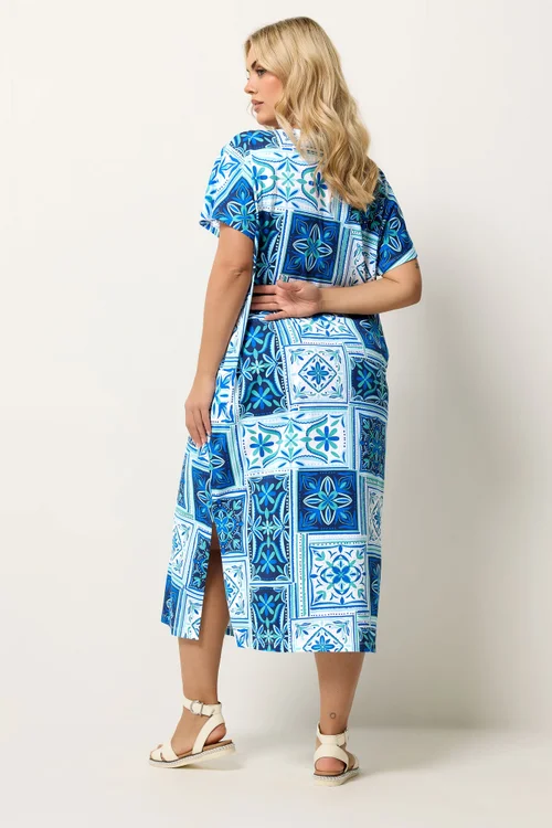 Yours Curve Blue Tile Print Midi Dress - 18 Image 3