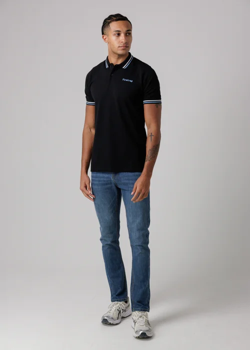 Firetrap Black Regular Fit Cotton Button Polo Shirt With Stripe Detail - M Image 4