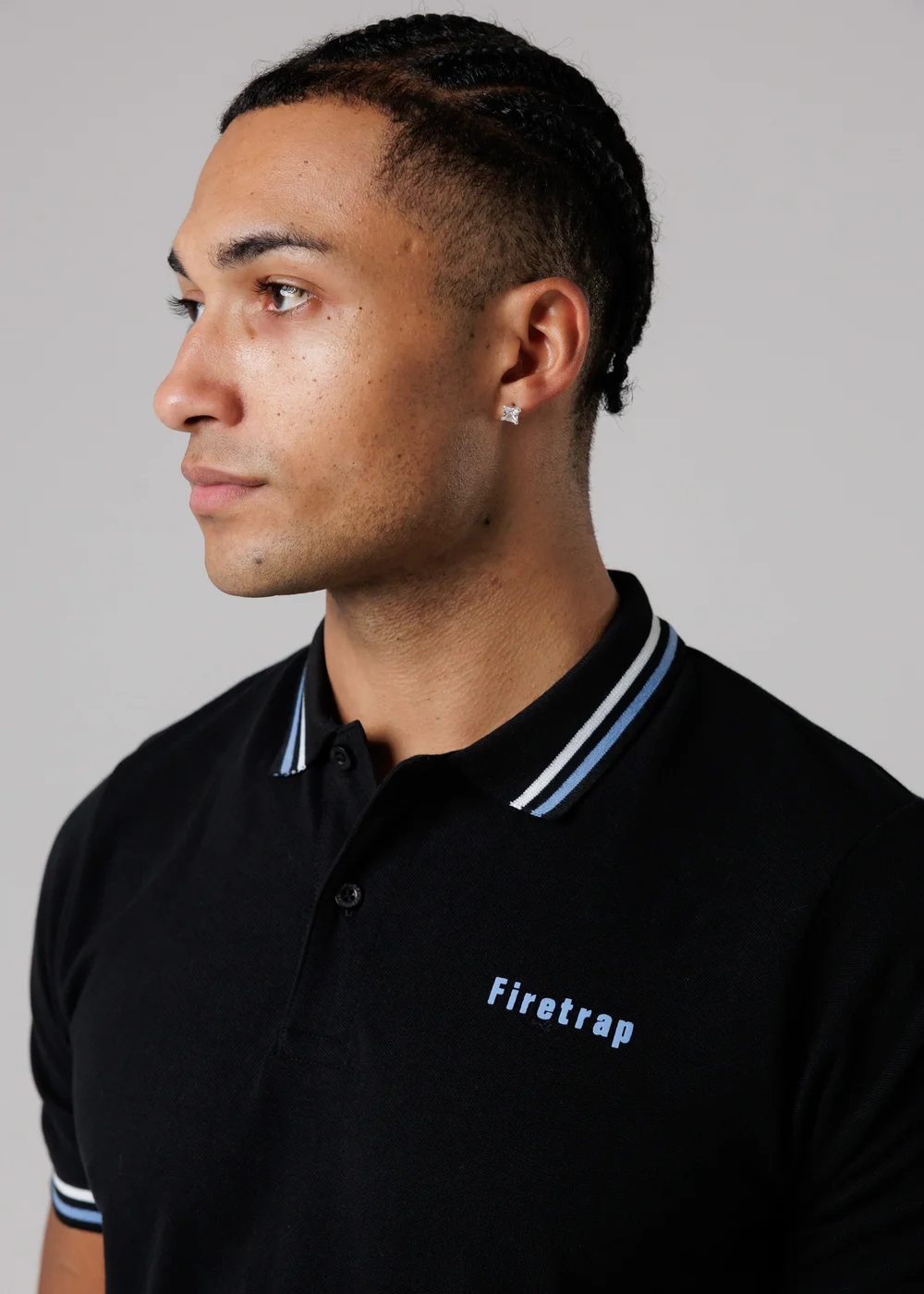 Firetrap Black Regular Fit Cotton Button Polo Shirt With Stripe Detail - M Image 3