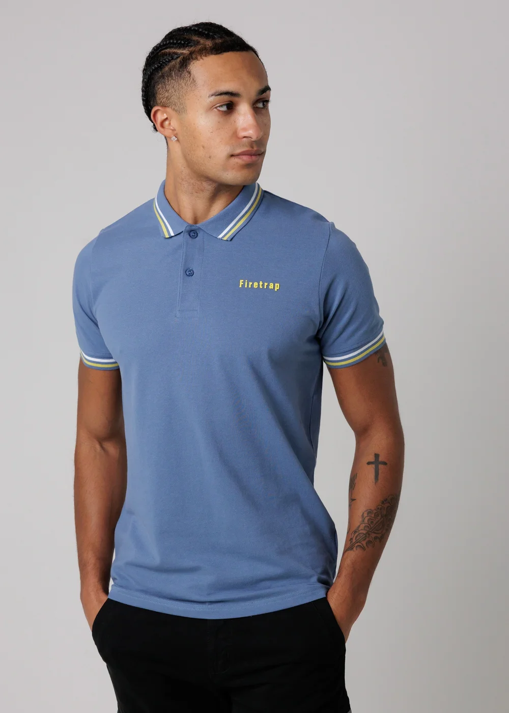 Firetrap Navy Regular Fit Cotton Button Polo Shirt With Stripe Detail - L Image 1
