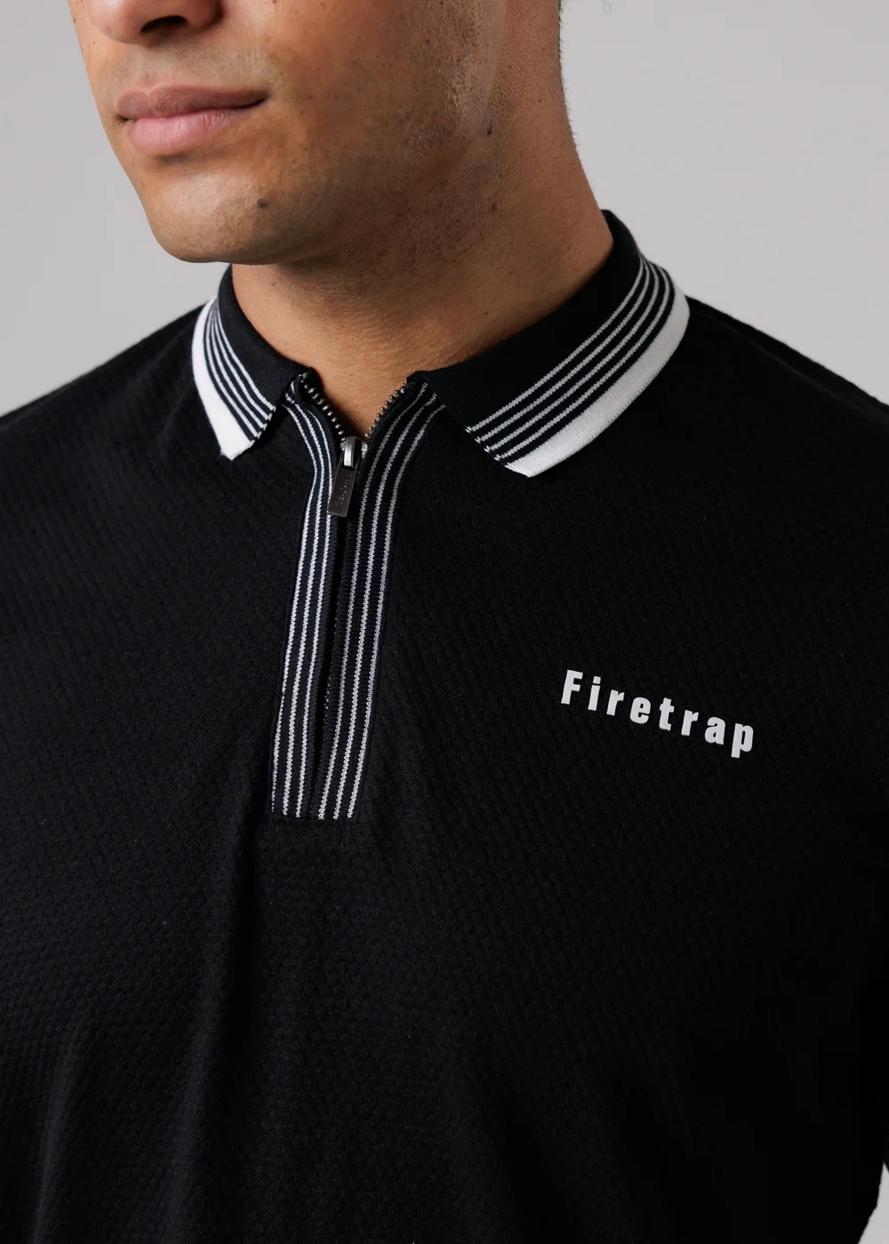 Firetrap Black Regular Fit Cotton Zip Polo Shirt With Gradient Stripes - M Image 3