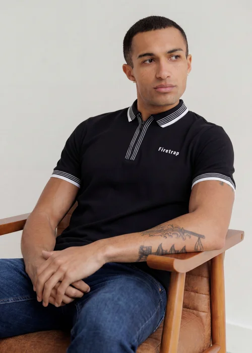 Firetrap Black Regular Fit Cotton Zip Polo Shirt With Gradient Stripes - M Image 1