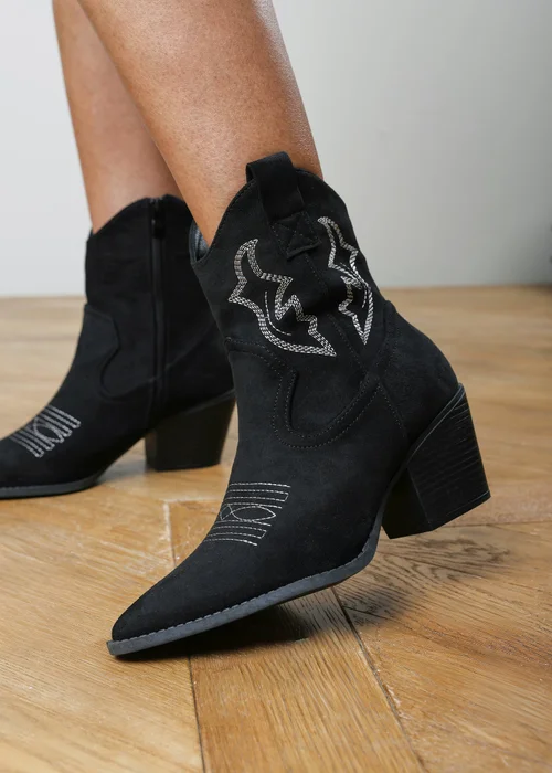 Where's That From Black Seraphina Cowboy Boots Ankle Length Western Block Heel - 6 Image 2