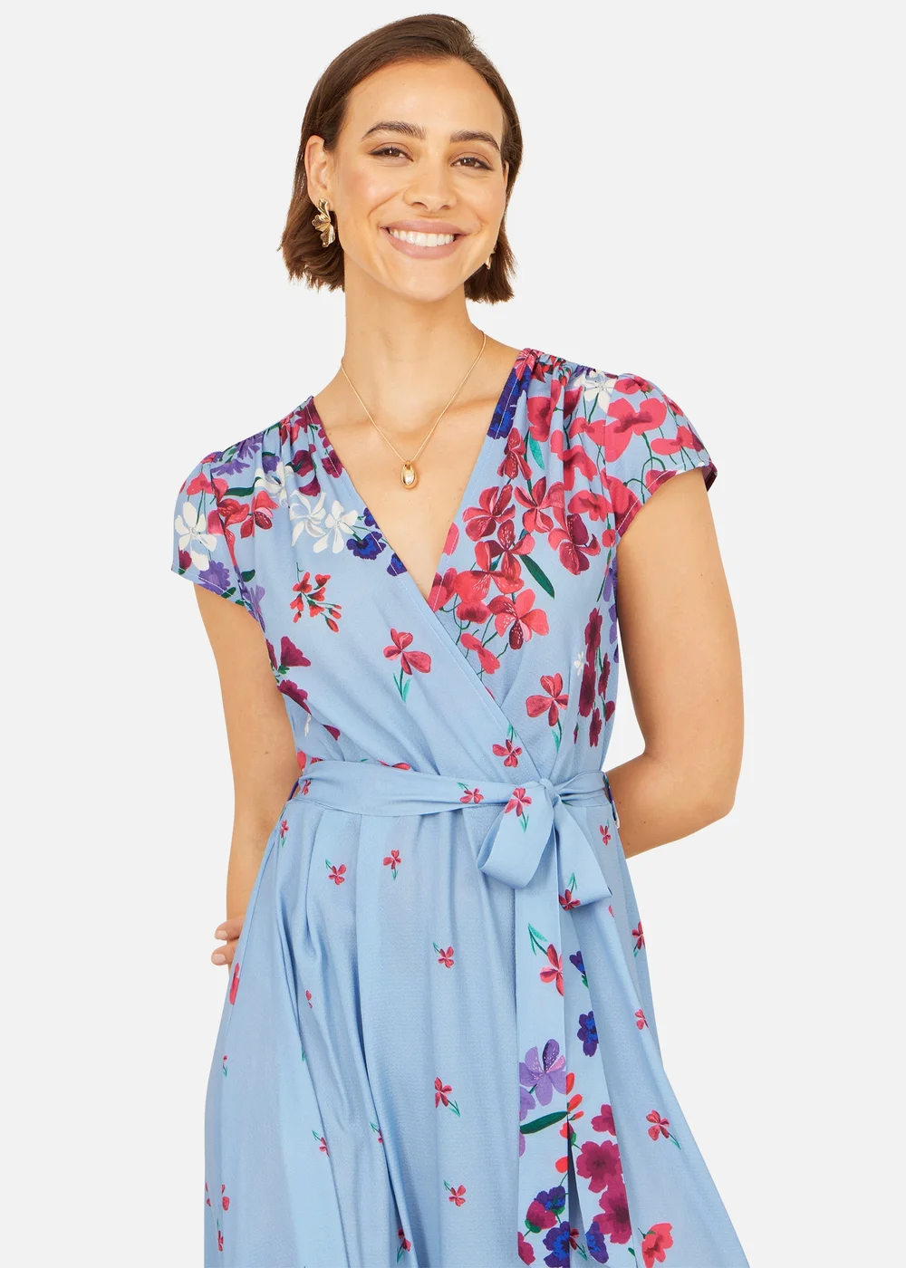 Yumi Blue Floral Mirror Wrap High Low Midi Wrap Dress - 10 Image 3