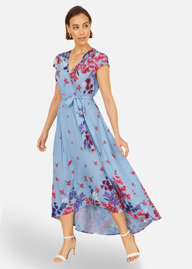 Yumi Blue Floral Mirror Wrap High Low Midi Wrap Dress
