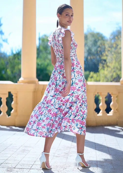 Yumi White Viscose Floral Ruched Waist Midi Dress - 12 Image 2