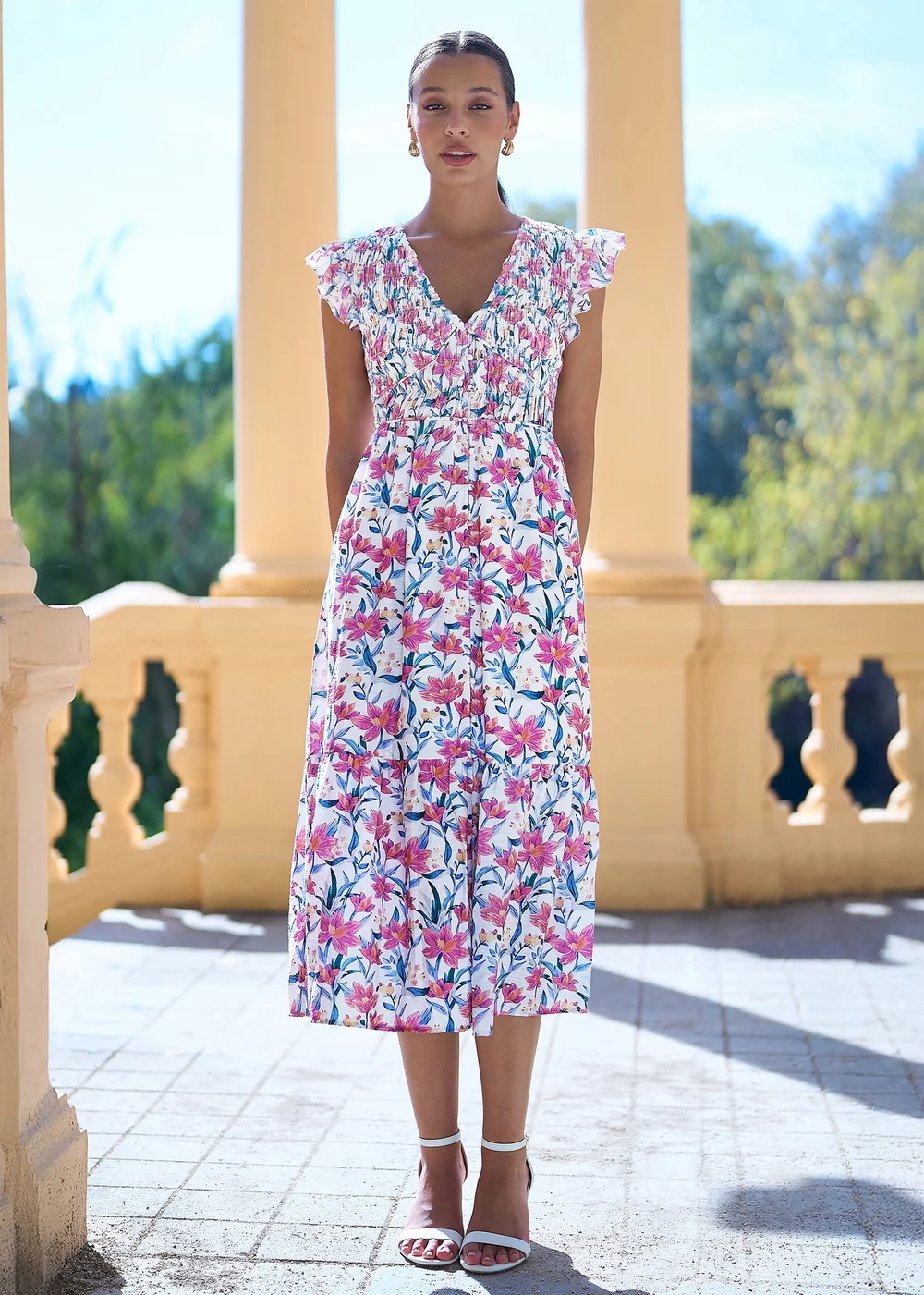 Yumi White Viscose Floral Ruched Waist Midi Dress - 12 Image 1