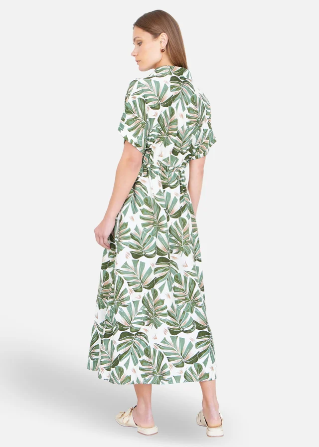 Yumi Green Viscose Leaf Print Relaxed Midi Dress