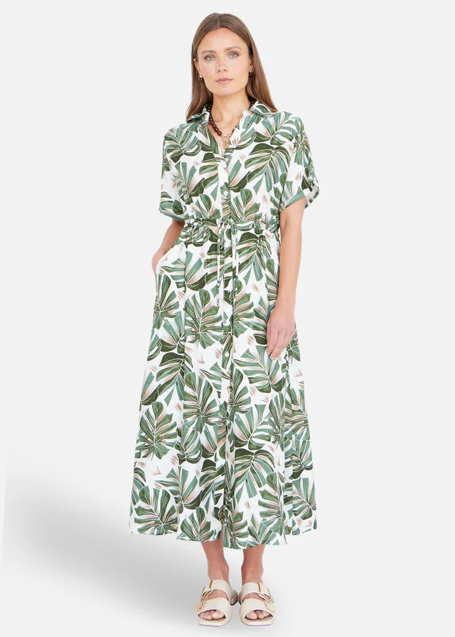 Yumi Green Viscose Leaf Print Relaxed Midi Dress