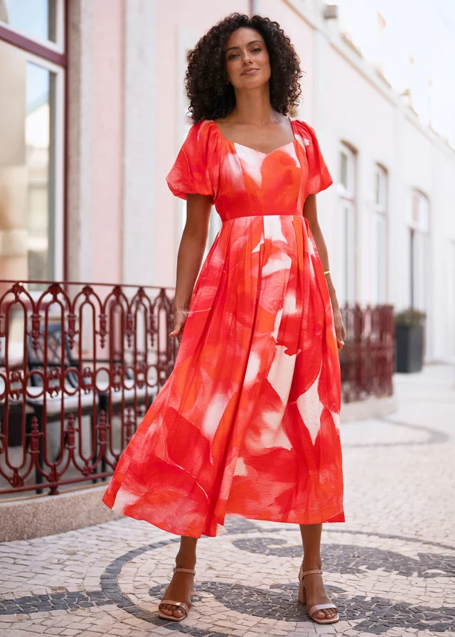 Yumi Red Viscose Floral Midi Dress With Puff Sleeves