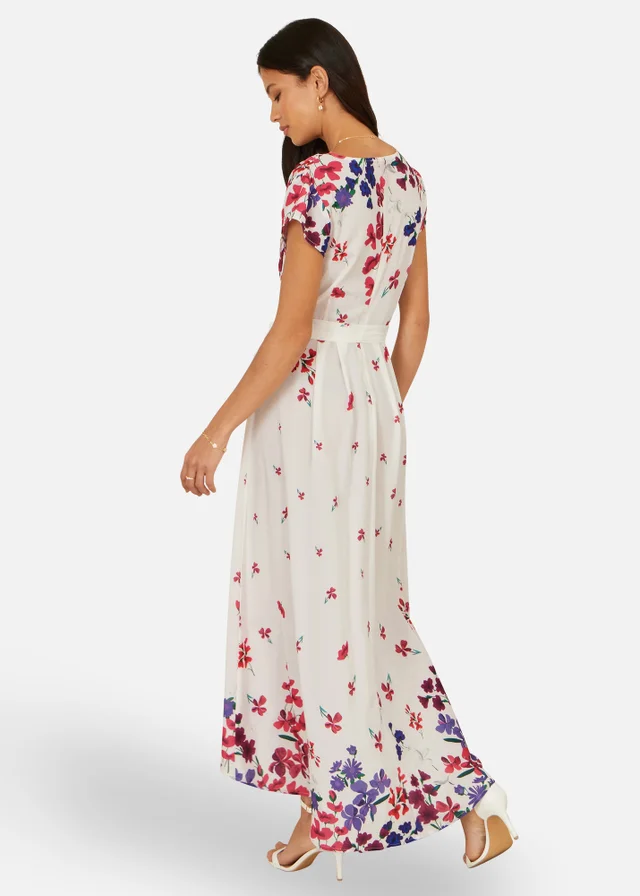 Yumi Ivory Floral Mirror Wrap Dress With Dip Hem