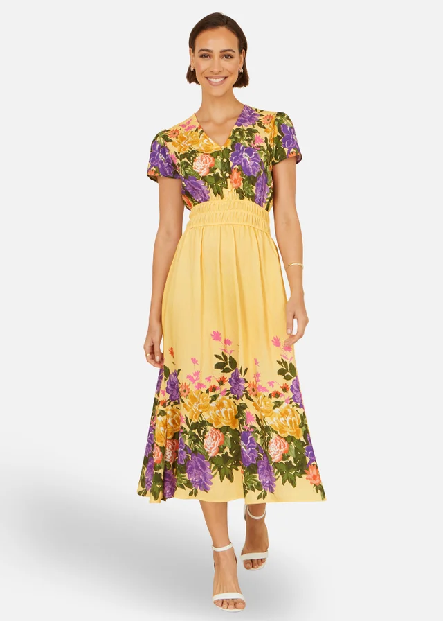 Yumi Butter Yellow Floral Mirror Print Viscose Midi Dress