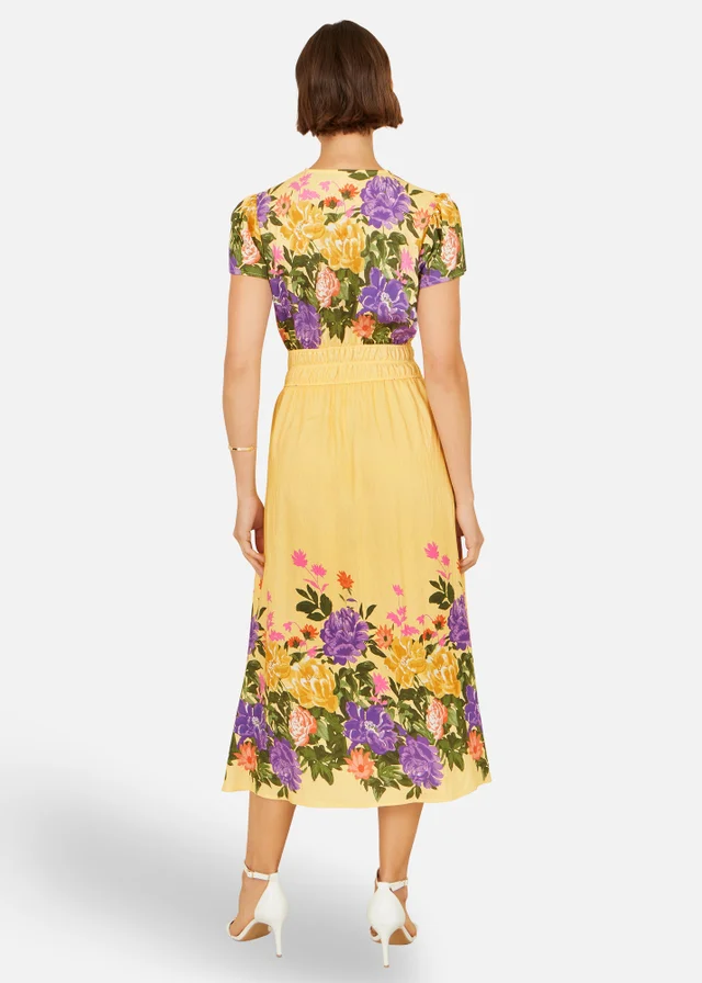 Yumi Butter Yellow Floral Mirror Print Viscose Midi Dress
