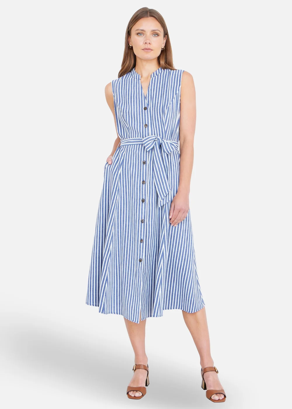 Yumi Navy Stripe Midi Sleeveless Shirt Dress - 8 Image 1
