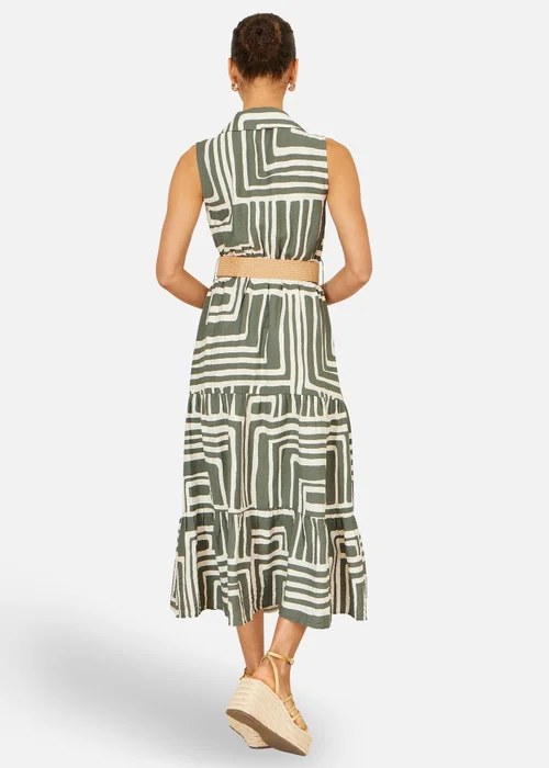 Yumi Green Viscose Geo Print Midi Shirt Dress With Matching Belt - 12 Image 2
