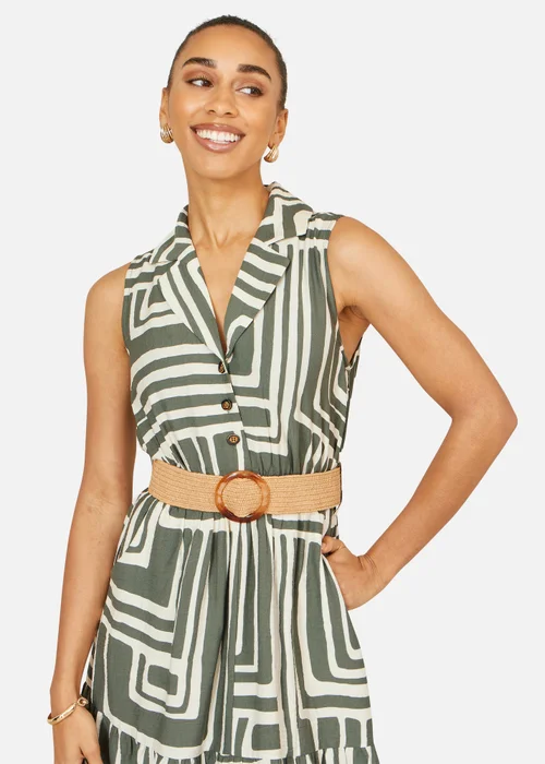 Yumi Green Viscose Geo Print Midi Shirt Dress With Matching Belt - 12 Image 3