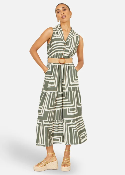 Yumi Green Viscose Geo Print Midi Shirt Dress With Matching Belt - 12 Image 1
