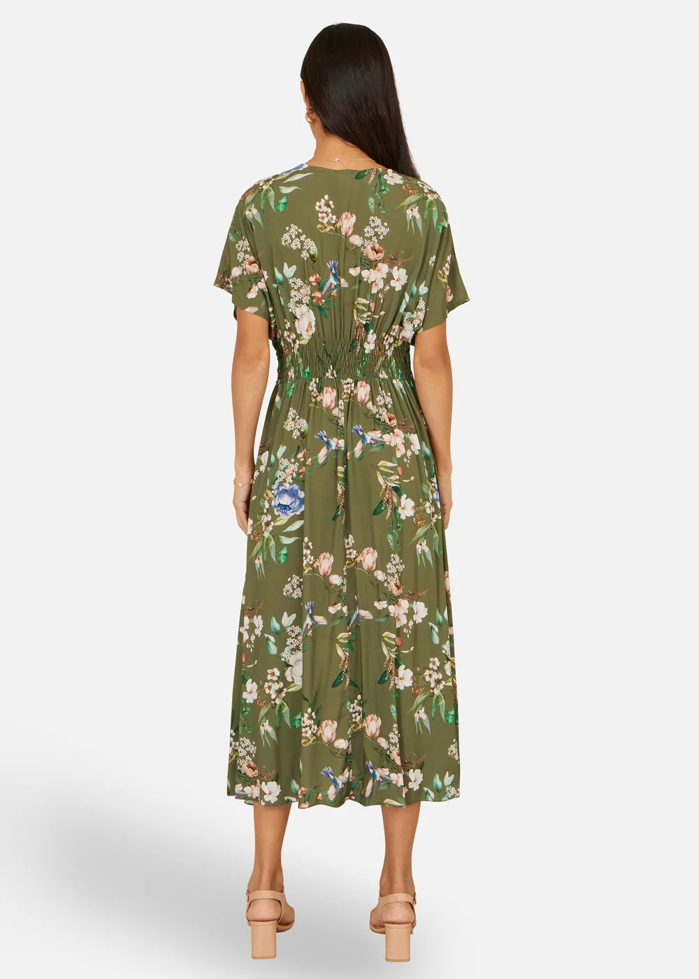 Yumi Sage Green Viscose Floral Print Ruched Waist Kimono Midi Dress - 8 Image 2