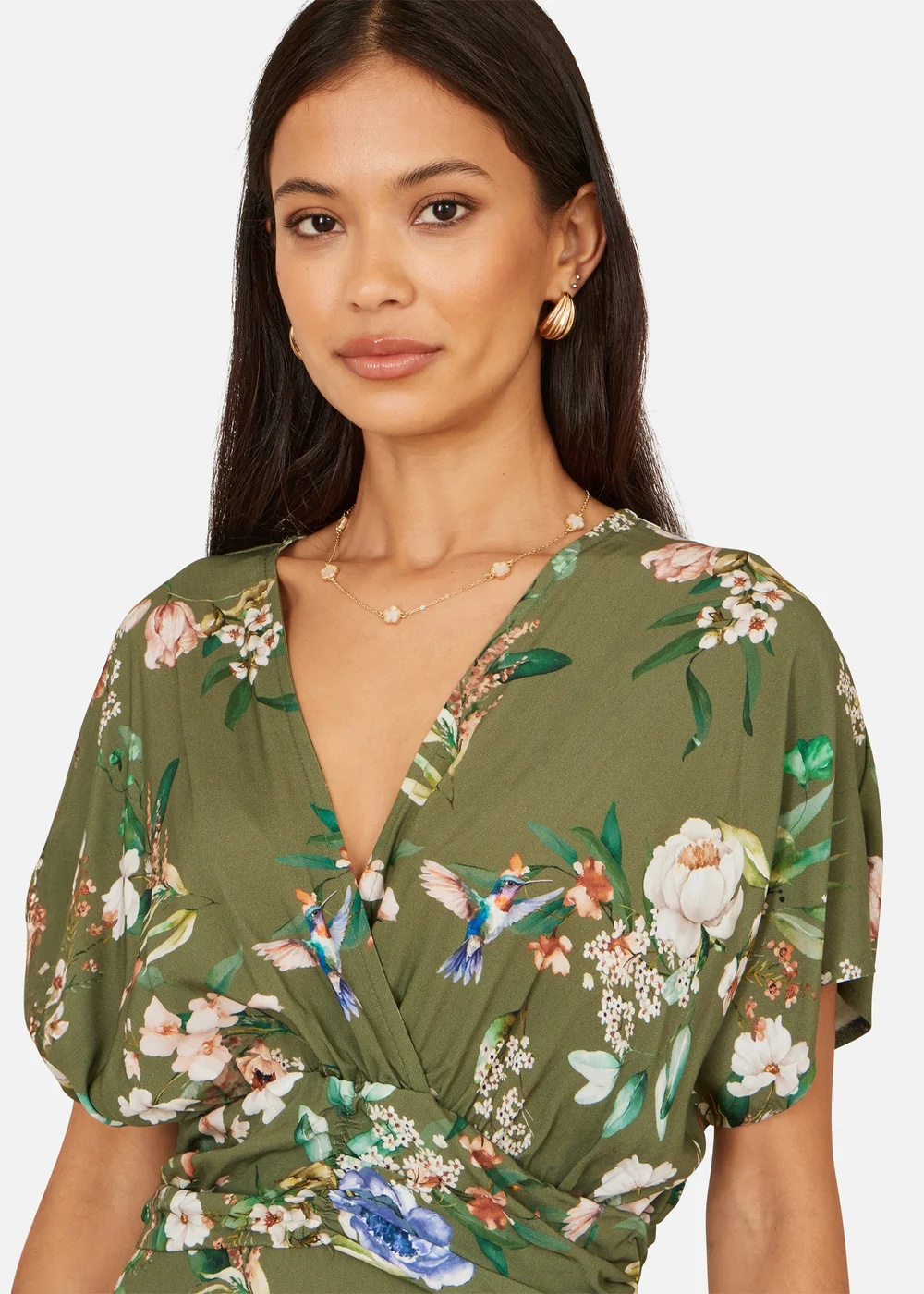Yumi Sage Green Viscose Floral Print Ruched Waist Kimono Midi Dress - 8 Image 3