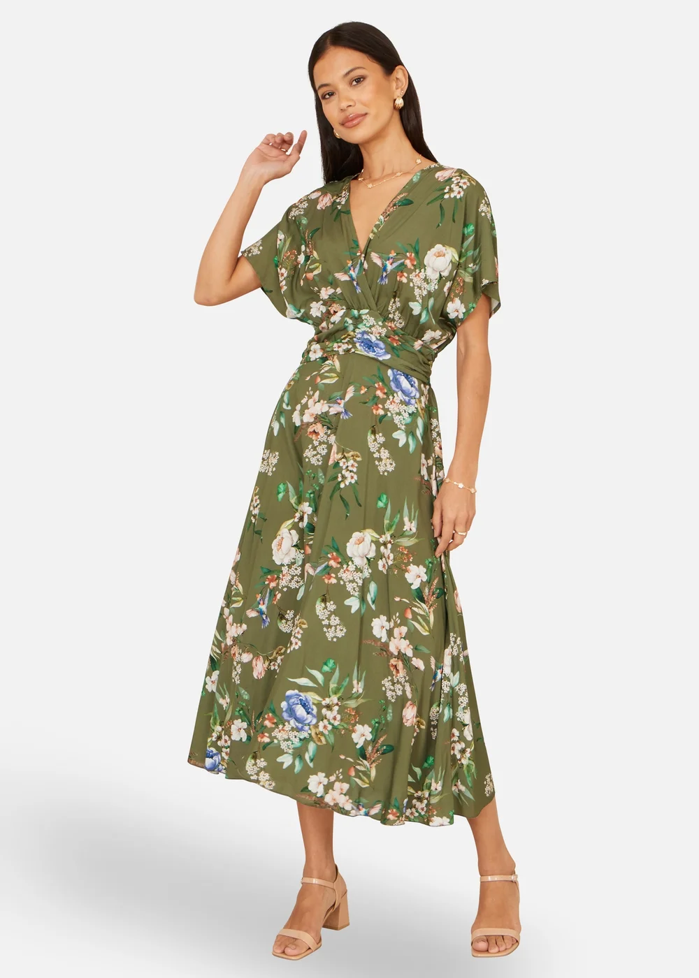 Yumi Sage Green Viscose Floral Print Ruched Waist Kimono Midi Dress - 8 Image 1