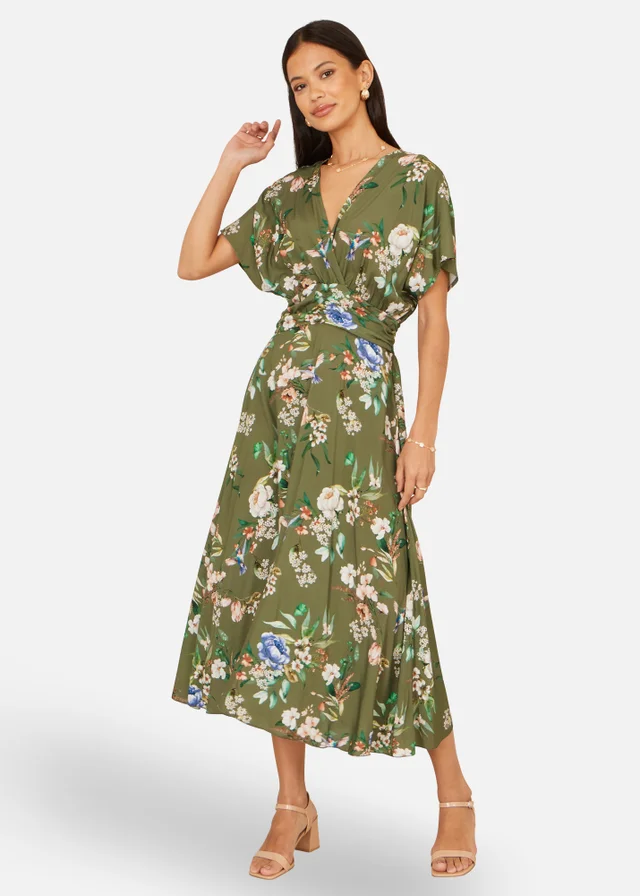 Yumi Sage Green Viscose Floral Print Ruched Waist Kimono Midi Dress