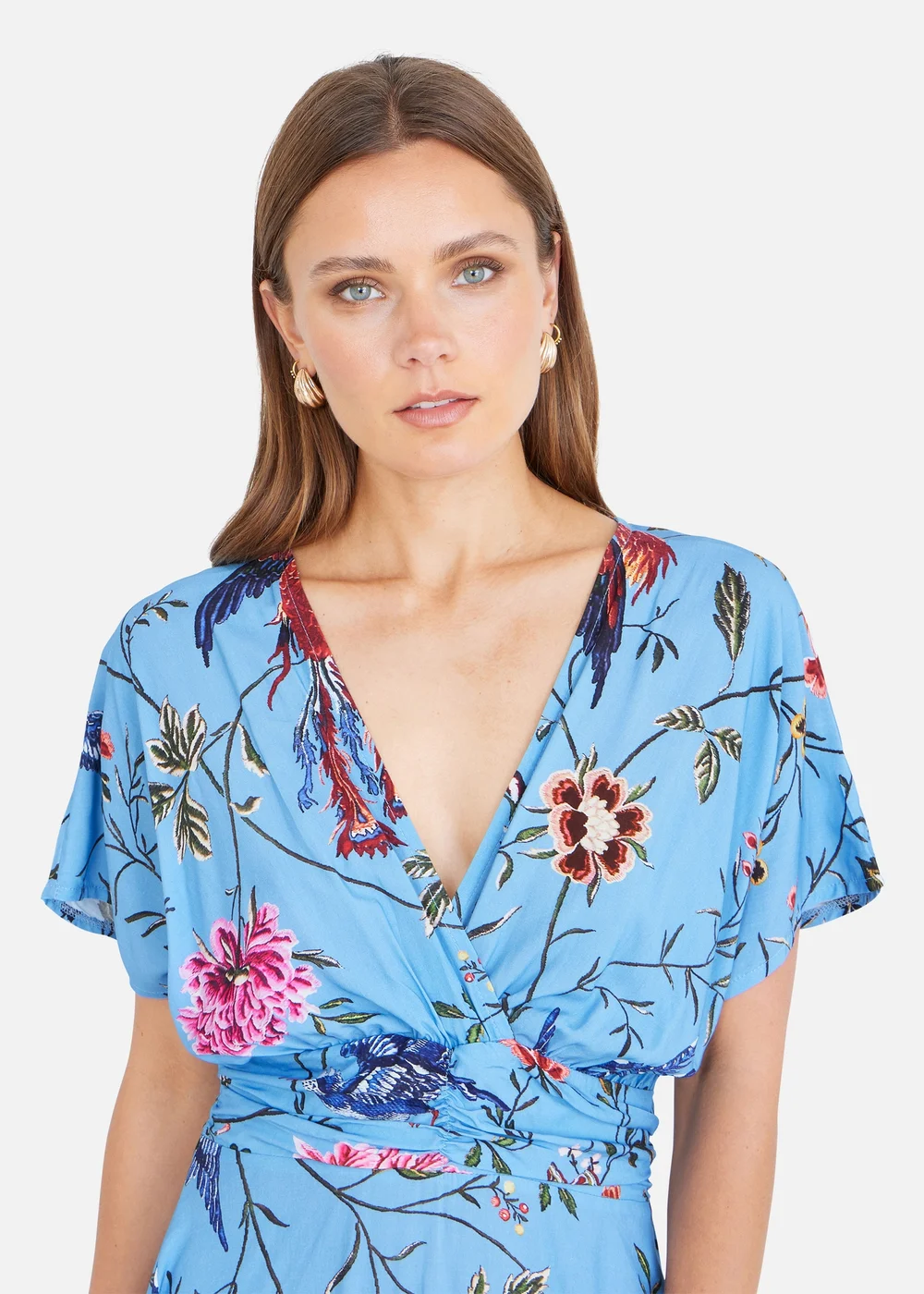 Yumi Viscose Bird & Floral Print Ruched Waist Kimono Midi Dress - 10 Image 3