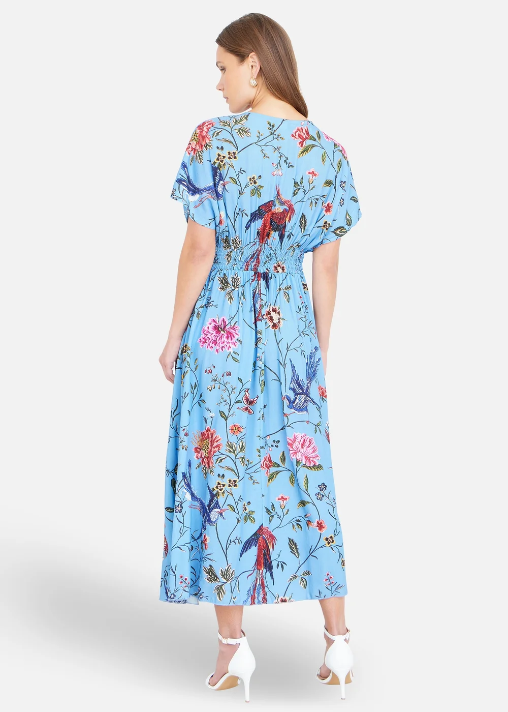 Yumi Viscose Bird & Floral Print Ruched Waist Kimono Midi Dress - 10 Image 2