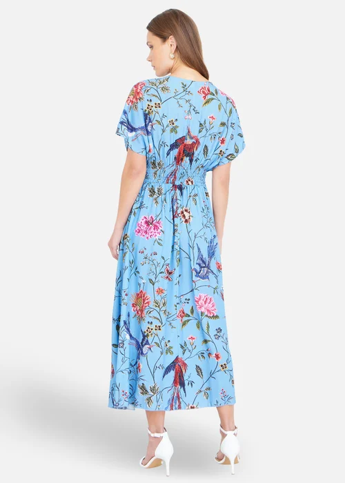 Yumi Viscose Bird & Floral Print Ruched Waist Kimono Midi Dress - 10 Image 2