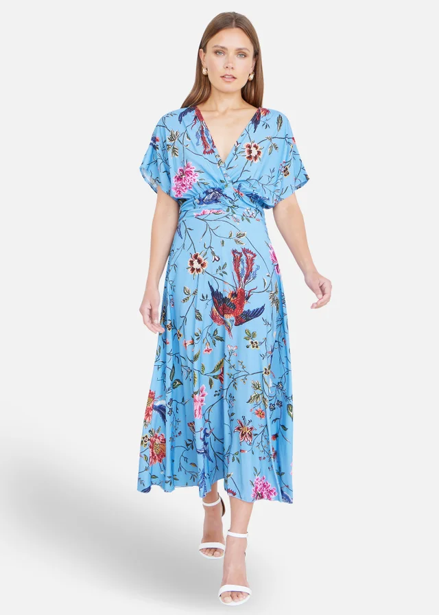 Yumi Viscose Bird & Floral Print Ruched Waist Kimono Midi Dress