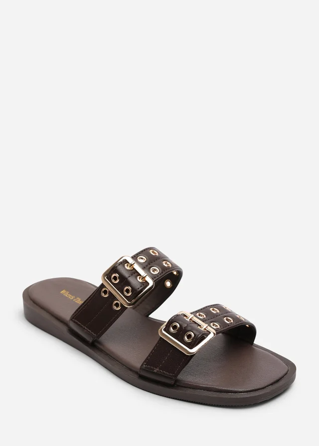 Where's That From Brown Orchard Slide On Double Buckle Studded Sandal
