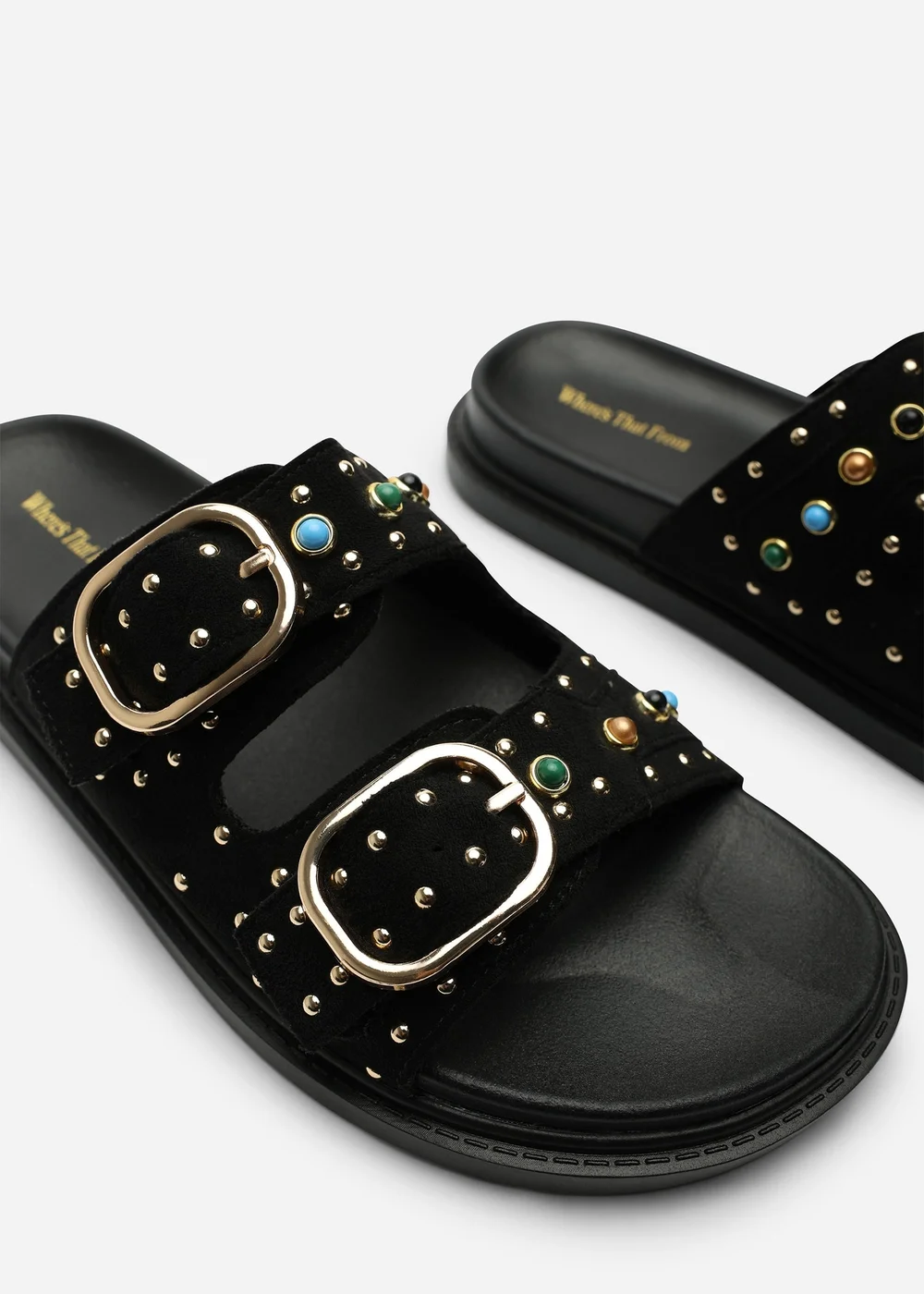 Ceylon Diamante Stud Black Double Buckle Slide On Sandal - 4 Image 4