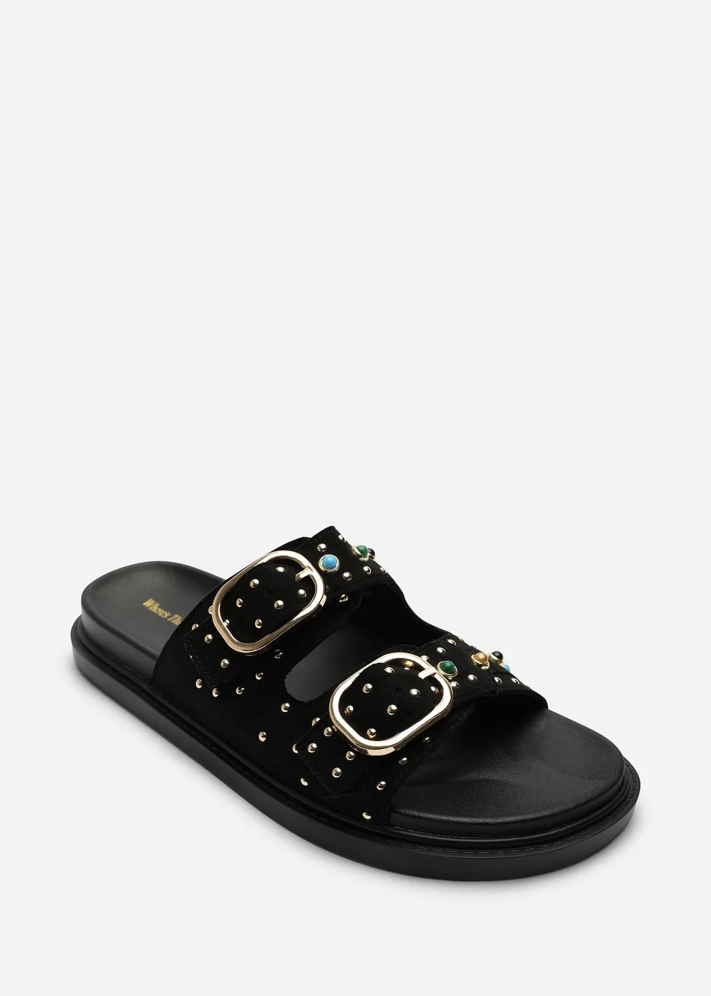 Ceylon Diamante Stud Black Double Buckle Slide On Sandal - 4 Image 2
