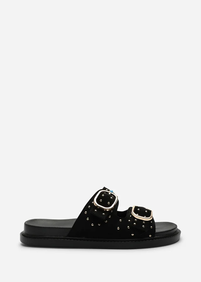 Ceylon Diamante Stud Black Double Buckle Slide On Sandal