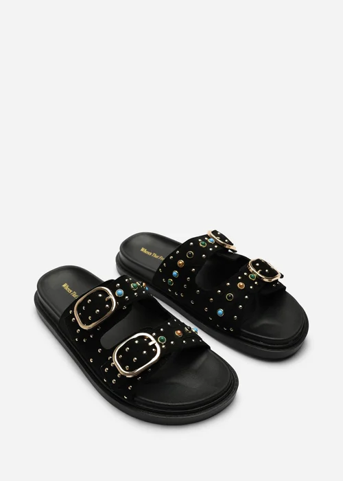 Ceylon Diamante Stud Black Double Buckle Slide On Sandal - 4 Image 3