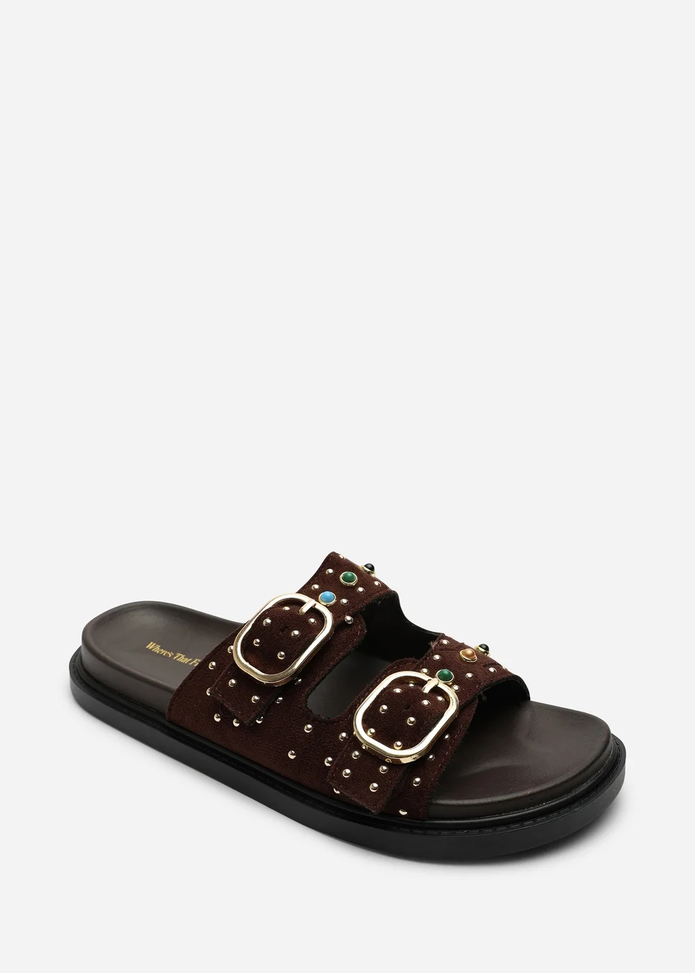 Ceylon Diamante Stud Dark Brown Double Buckle Slide On Sandal - 4 Image 4