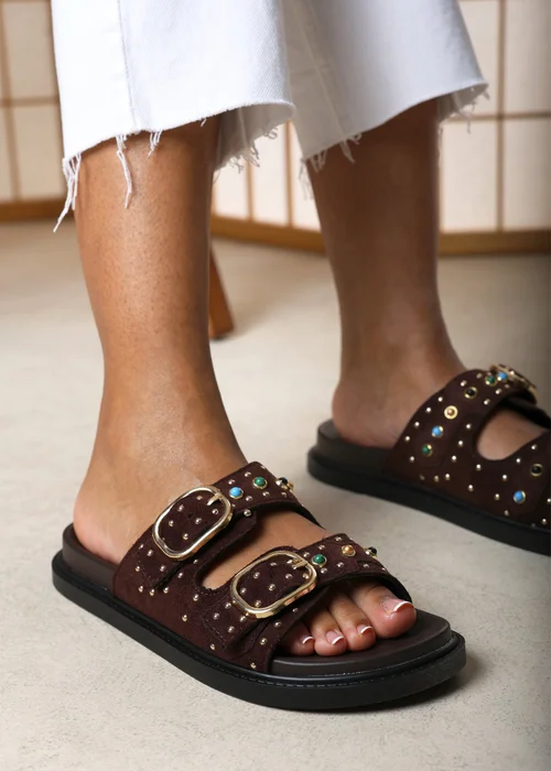 Ceylon Diamante Stud Dark Brown Double Buckle Slide On Sandal - 4 Image 1
