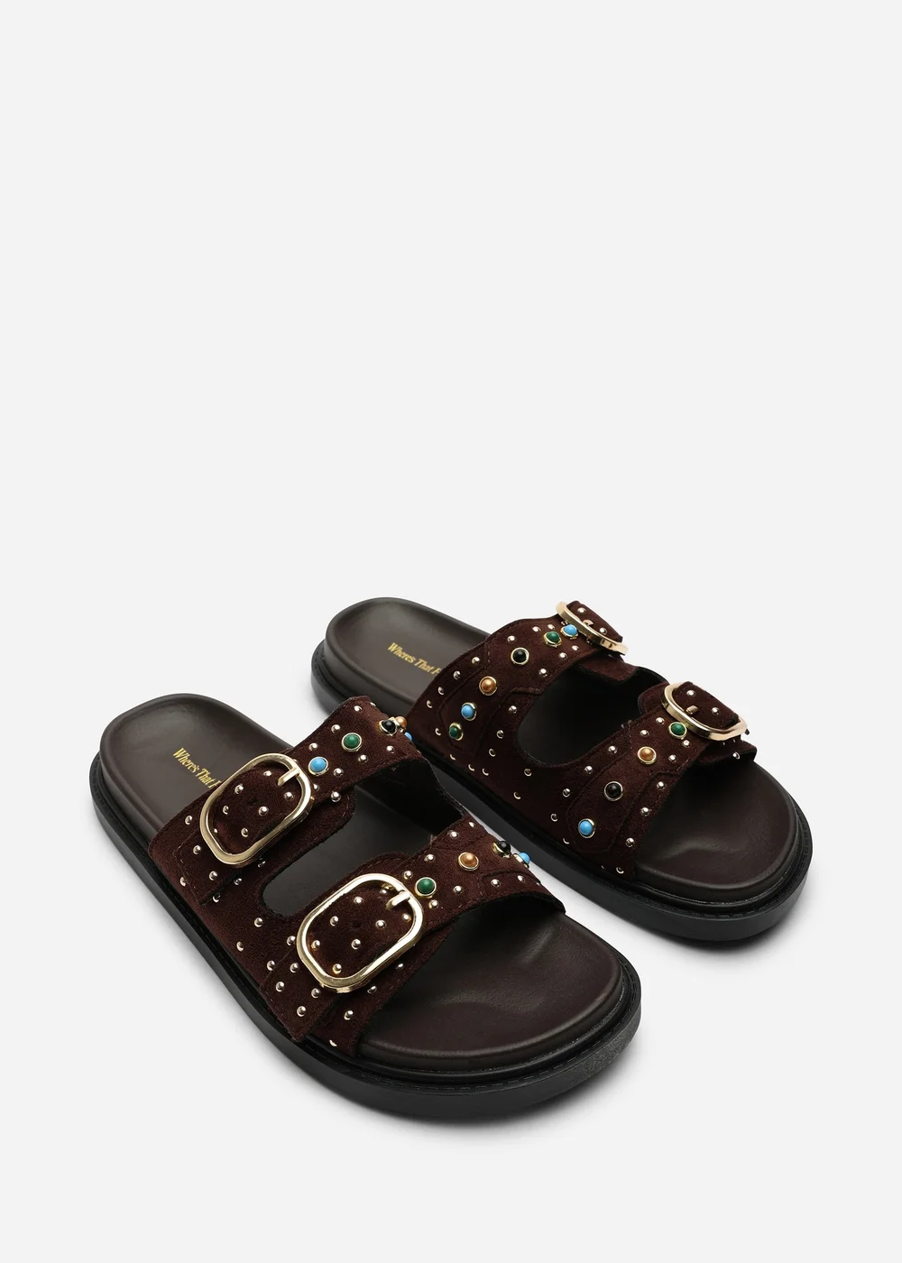 Ceylon Diamante Stud Dark Brown Double Buckle Slide On Sandal - 4 Image 5