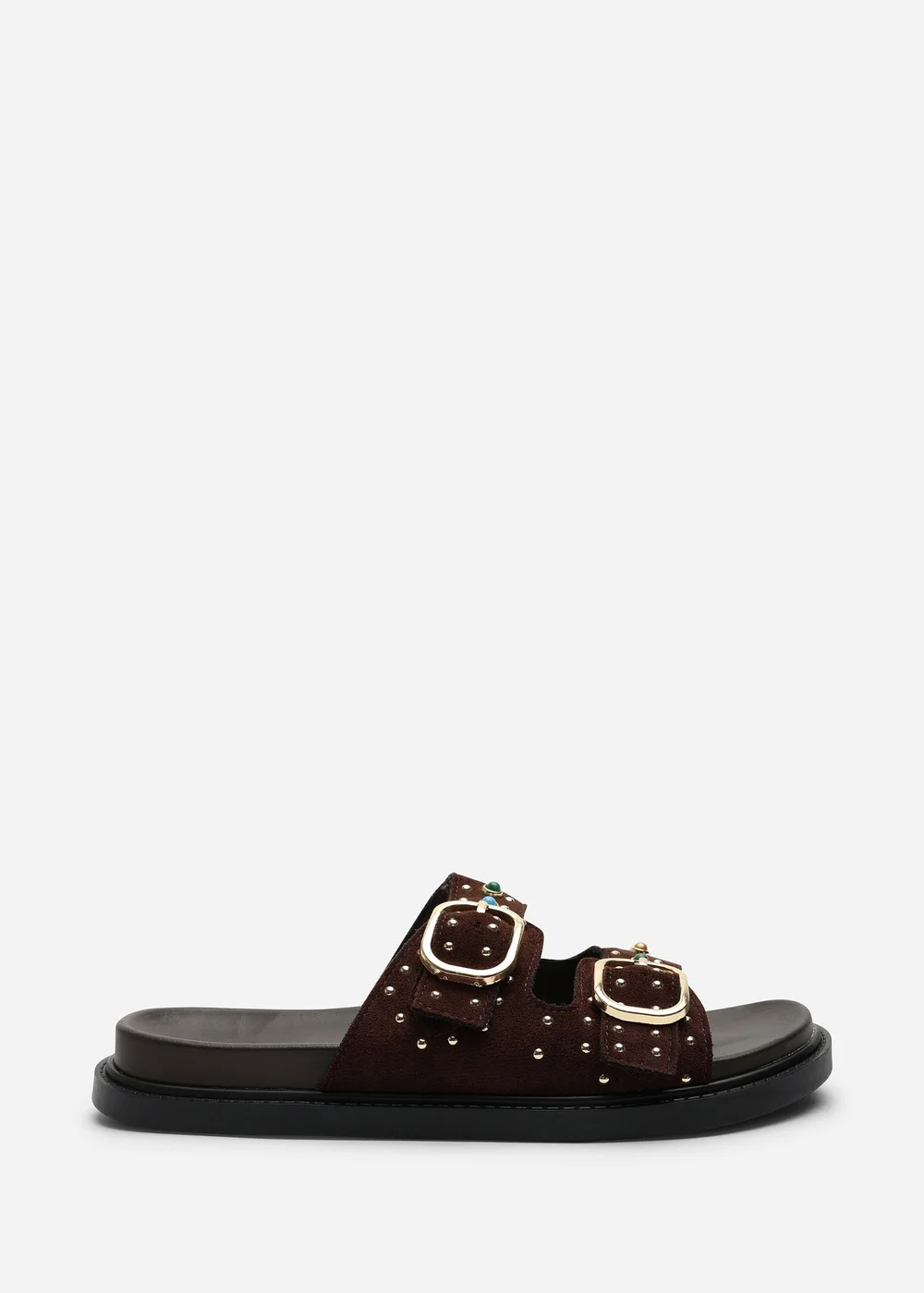 Ceylon Diamante Stud Dark Brown Double Buckle Slide On Sandal - 4 Image 3